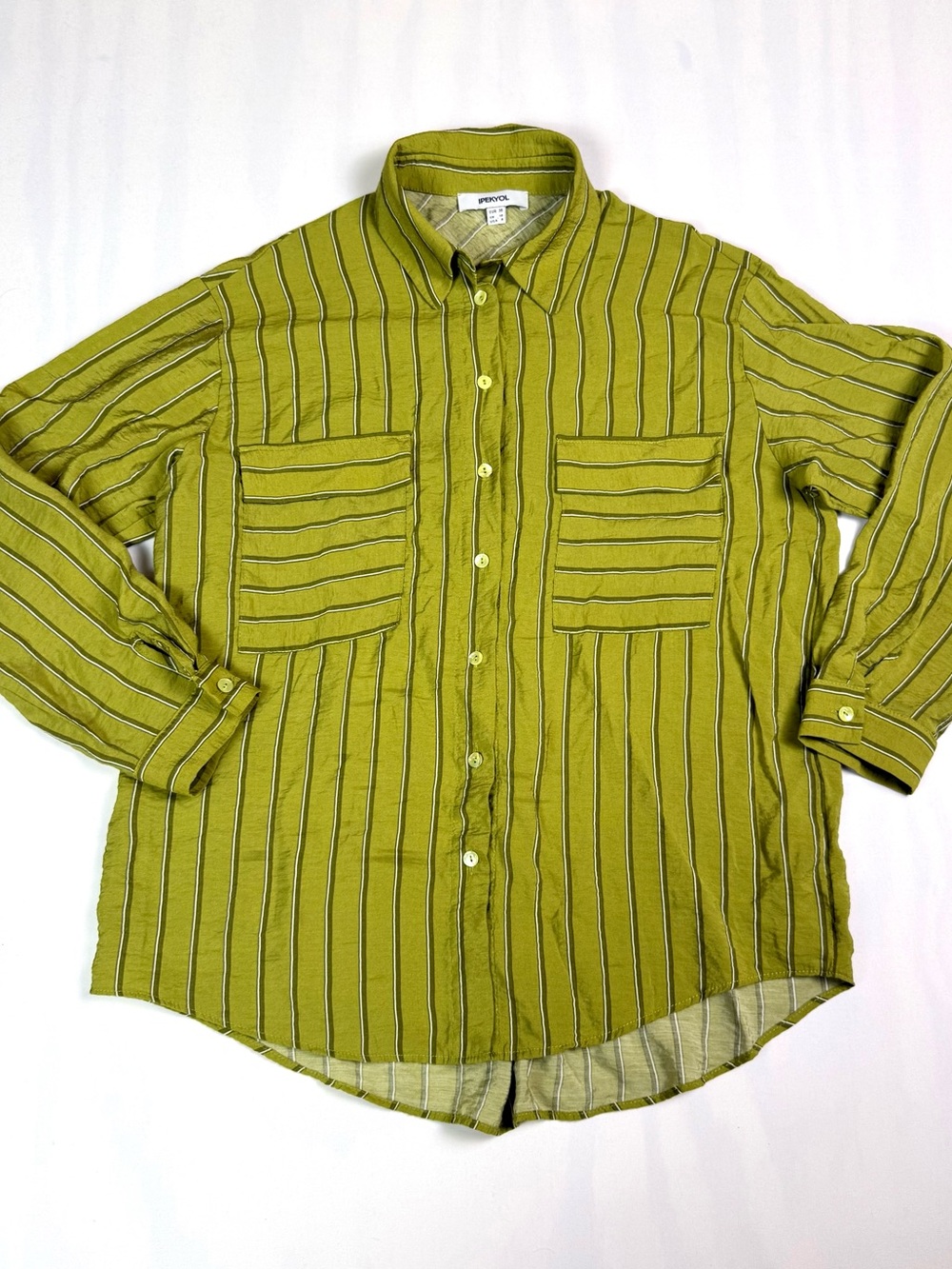 IPEKYOL Green Striped Button Down Shirt Size 8 Oversized Patch Pocket Blouse